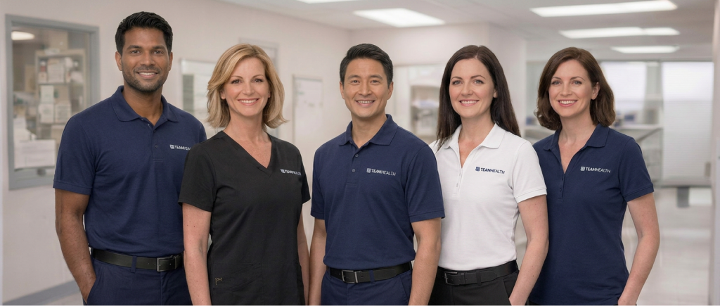 Team wearing custom branded polos in a professional setting