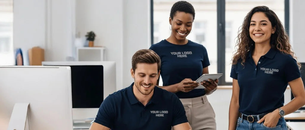 Team wearing custom navy polos and tees with logo placement in a modern office