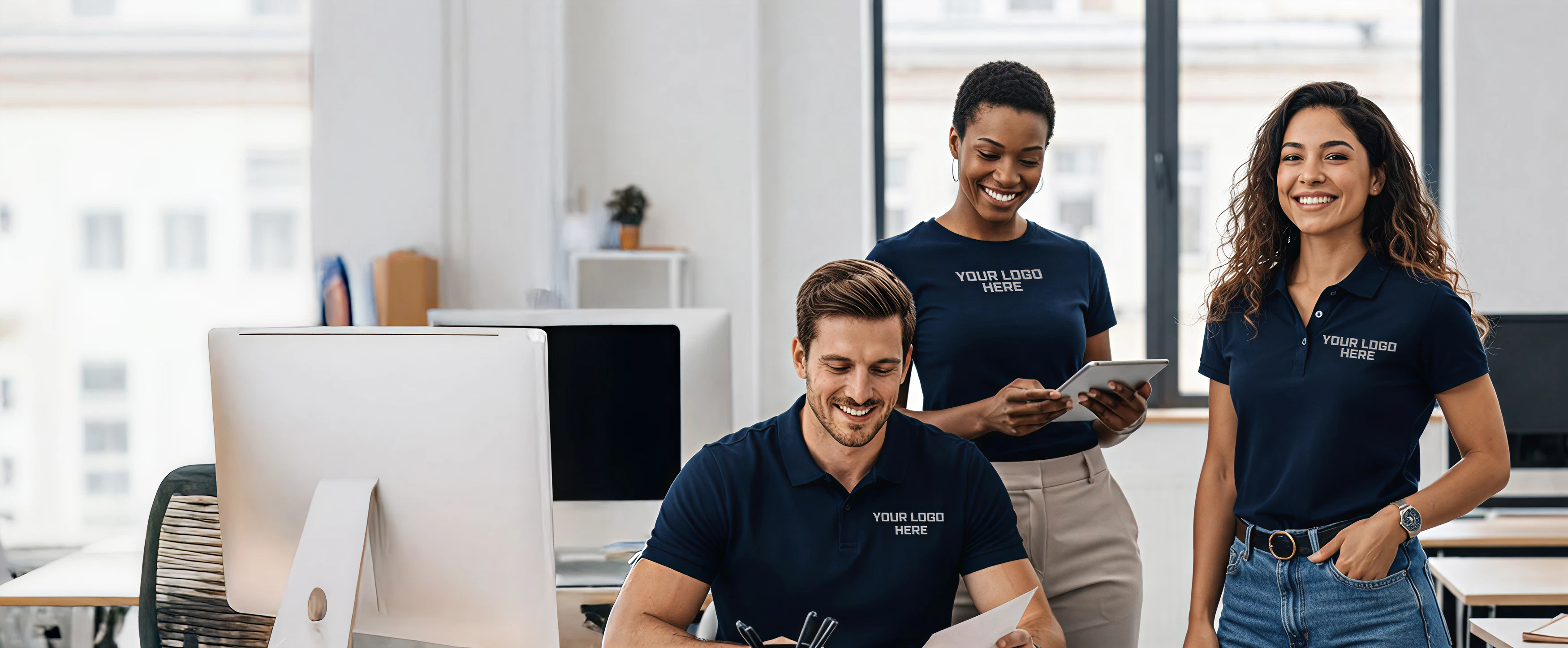 Team wearing custom navy polos and tees with logo placement in a modern office